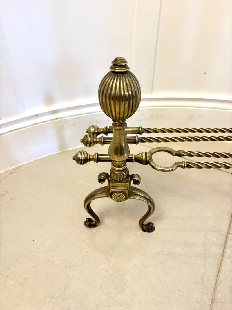 Set of Quality Antique Victorian Brass Fire Irons and Dogs - Image 5